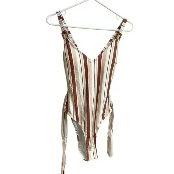 Cupshe Women's One Piece Swimsuit V-neck Striped Belted Medium New - Picture 2 of 9